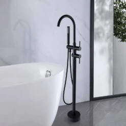Single-Handle Freestanding Waterfall Tub Filler Bathroom Tub Faucet With Handheld Shower In Matte Black -FURITURE SALE SHOP matte black claw foot tub faucets q xy hs217b 31 1000