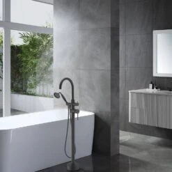 Double Lever Handle Freestanding Tub Filler Bathtub Faucet With Hand Held Shower In Matte Black -FURITURE SALE SHOP matte black claw foot tub faucets w122453464 kxc 31 1000