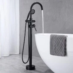 Double Lever Handle Freestanding Tub Filler Bathtub Faucet With Hand Held Shower In Matte Black -FURITURE SALE SHOP matte black claw foot tub faucets w122453464 kxc 44 1000