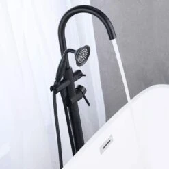 Double Lever Handle Freestanding Tub Filler Bathtub Faucet With Hand Held Shower In Matte Black -FURITURE SALE SHOP matte black claw foot tub faucets w122453464 kxc 4f 1000