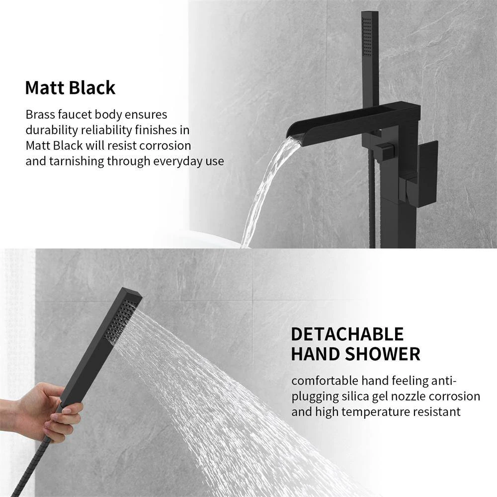 Freestanding Bathtub Cantilever Faucet Waterfall Tub Filler With Hand Shower In Matte Black 3 Freestanding Bathtub Cantilever Faucet Waterfall Tub Filler With Hand Shower In Matte Black - Image 3