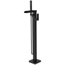 Freestanding Bathtub Cantilever Faucet Waterfall Tub Filler With Hand Shower In Matte Black