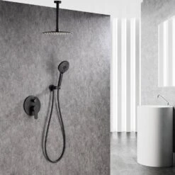 3-Spray Patterns With 2.5 GPM 12 In. Ceiling Mounted Dual Shower Heads Shower System Mix Set In Matte Black 15 3-Spray Patterns With 2.5 GPM 12 In. Ceiling Mounted Dual Shower Heads Shower System Mix Set In Matte Black -FURITURE SALE SHOP matte black dual shower heads pzz 96205 h kxc 31 1000