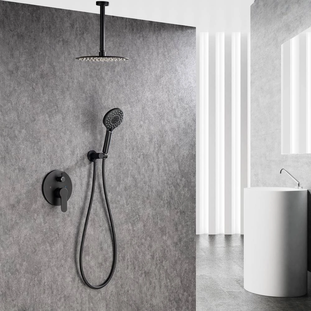 3-Spray Patterns With 2.5 GPM 12 In. Ceiling Mounted Dual Shower Heads Shower System Mix Set In Matte Black 8 3-Spray Patterns With 2.5 GPM 12 In. Ceiling Mounted Dual Shower Heads Shower System Mix Set In Matte Black - Image 8