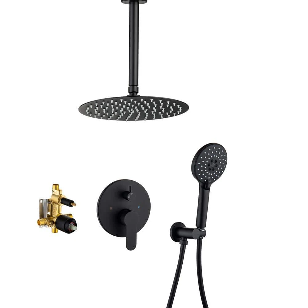 3-Spray Patterns With 2.5 GPM 12 In. Ceiling Mounted Dual Shower Heads Shower System Mix Set In Matte Black 1 3-Spray Patterns With 2.5 GPM 12 In. Ceiling Mounted Dual Shower Heads Shower System Mix Set In Matte Black