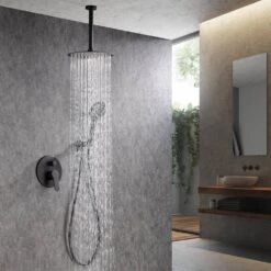 3-Spray Patterns With 2.5 GPM 12 In. Ceiling Mounted Dual Shower Heads Shower System Mix Set In Matte Black 14 3-Spray Patterns With 2.5 GPM 12 In. Ceiling Mounted Dual Shower Heads Shower System Mix Set In Matte Black -FURITURE SALE SHOP matte black dual shower heads pzz 96205 h kxc 76 1000