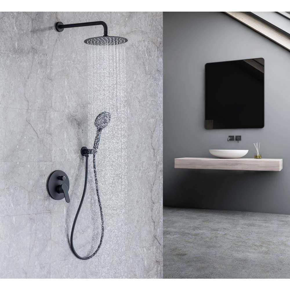 3-Spray Patterns With 2.5 GPM 10 In. Wall Mount Shower System Set Dual Shower Heads With Handheld Spray In Matte Black 2 3-Spray Patterns With 2.5 GPM 10 In. Wall Mount Shower System Set Dual Shower Heads With Handheld Spray In Matte Black - Image 2