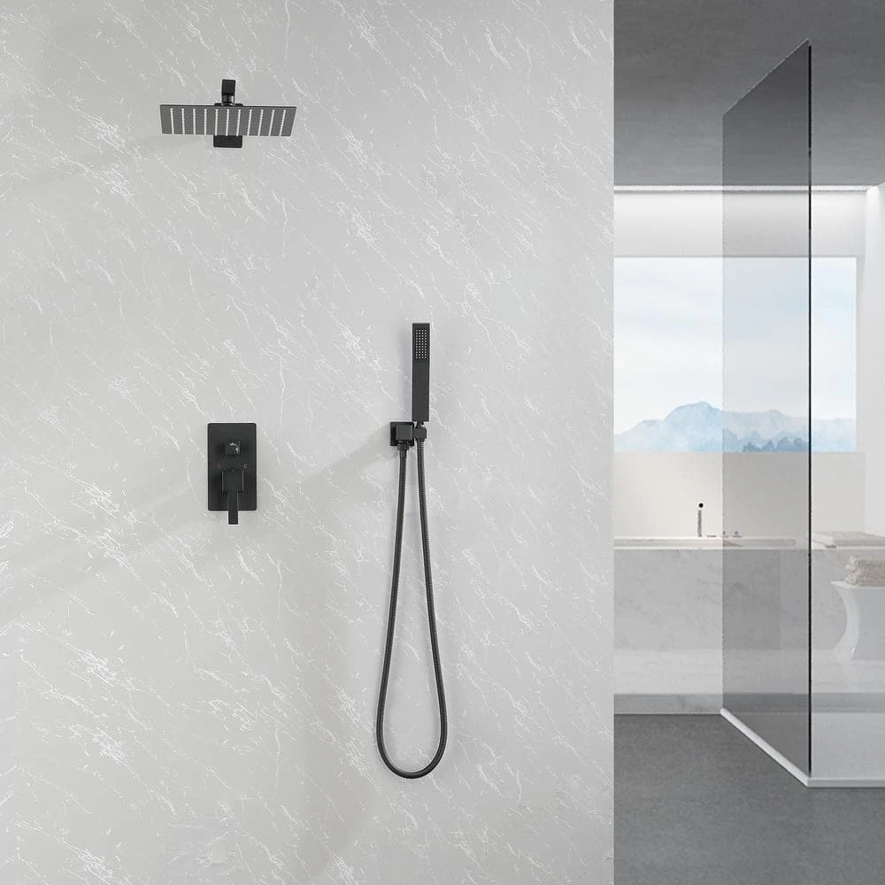 2-Spray Patterns Square Wall Mount Rain Dual Shower Heads With Hand Shower 1.5 Gpm In Matte Black 2 2-Spray Patterns Square Wall Mount Rain Dual Shower Heads With Hand Shower 1.5 Gpm In Matte Black - Image 2
