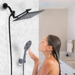 6 Spray Patterns Wall Mount Dual Shower Head And Handheld Shower Head With 2-Way Diverter In Matte Black -FURITURE SALE SHOP matte black dual shower heads x w1219 w60165 31 1000