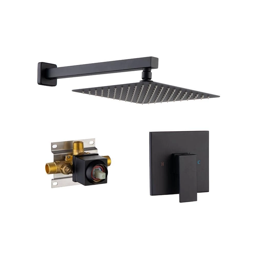 1-Spray Patterns With 2.5 GPM 10 In. Wall Mount Rain Fixed Shower Head In Matte Black (Valve Included) 1 1-Spray Patterns With 2.5 GPM 10 In. Wall Mount Rain Fixed Shower Head In Matte Black (Valve Included)