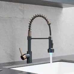 Single-Handle Deck Mount Pull Down Sprayer Kitchen Faucet With LED In Matte Black Mix Rose Gold -FURITURE SALE SHOP matte black mix rose gold pull down kitchen faucets q xy 189 33br led 45 us 4f 1000