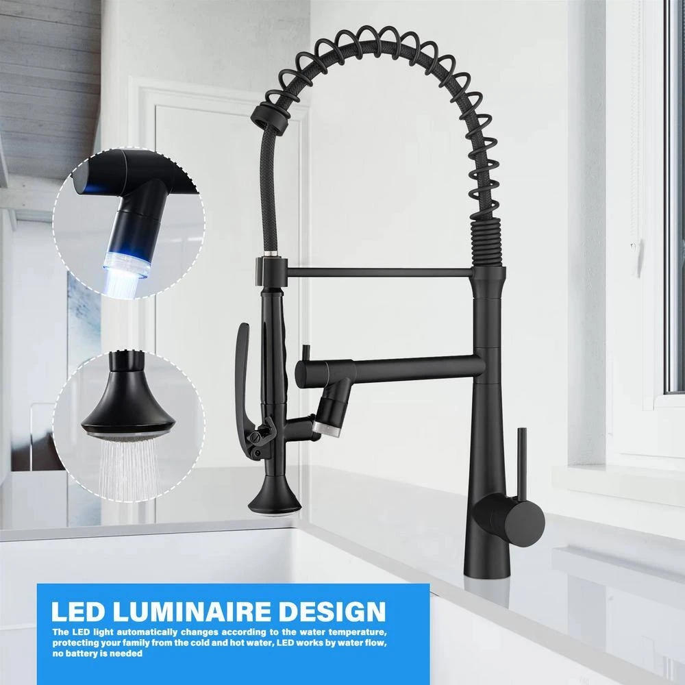 Single Handle Deck Mount Pull Down Sprayer Kitchen Faucet With LED In Matte Black 3 Single Handle Deck Mount Pull Down Sprayer Kitchen Faucet With LED In Matte Black - Image 3