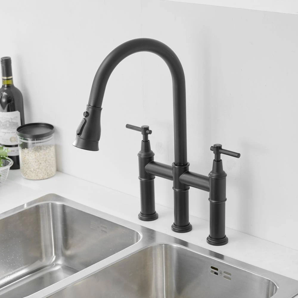 Double Handle Pull Out Sprayer Bridge Kitchen Faucet In Matte Black 4 Double Handle Pull Out Sprayer Bridge Kitchen Faucet In Matte Black - Image 4