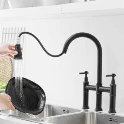 Double Handle Pull Out Sprayer Bridge Kitchen Faucet In Matte Black 11 Double Handle Pull Out Sprayer Bridge Kitchen Faucet In Matte Black -FURITURE SALE SHOP matte black tahanbath bridge kitchen faucets z1307 00b 8in us 44 1000