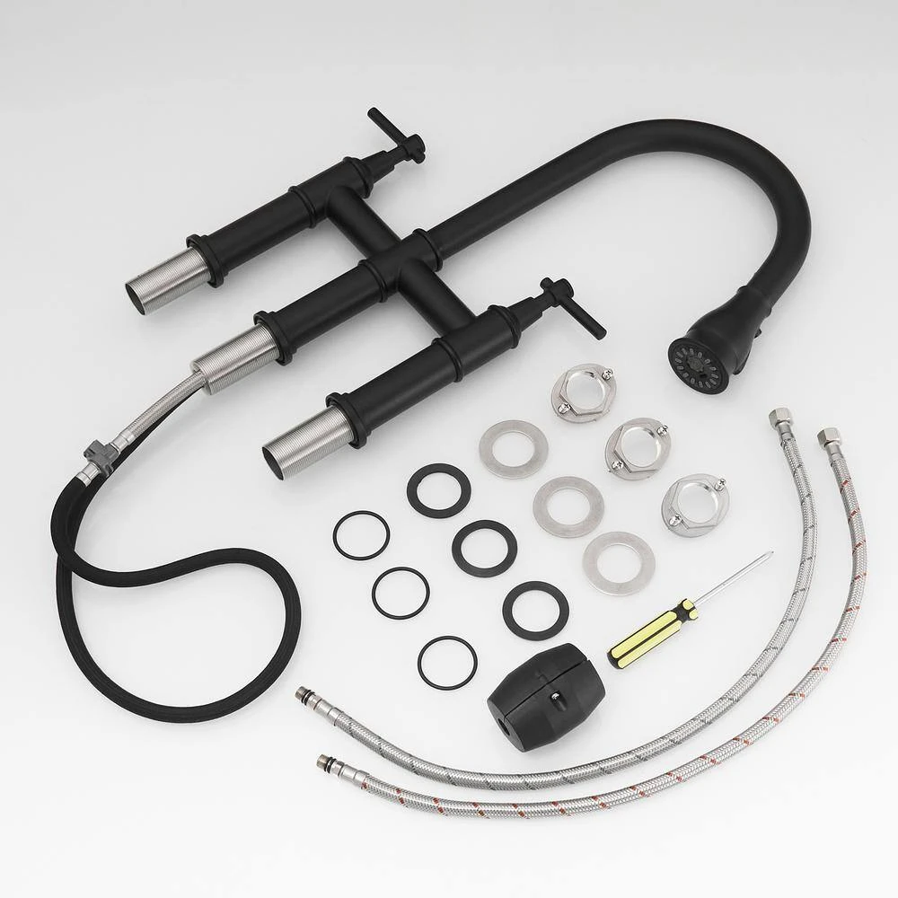 Double Handle Pull Out Sprayer Bridge Kitchen Faucet In Matte Black 3 Double Handle Pull Out Sprayer Bridge Kitchen Faucet In Matte Black - Image 3