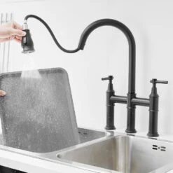 Double Handle Pull Out Sprayer Bridge Kitchen Faucet In Matte Black 13 Double Handle Pull Out Sprayer Bridge Kitchen Faucet In Matte Black -FURITURE SALE SHOP matte black tahanbath bridge kitchen faucets z1307 00b 8in us 76 1000