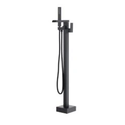 Single Handle Free Standing Waterfall Tub Filler Bathroom Tub Faucet With Handheld Shower In Matte Black