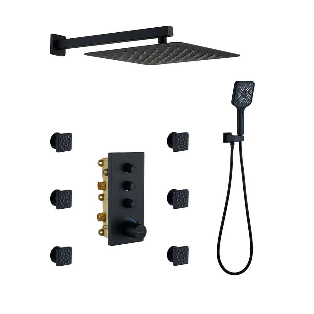 3-Spray 1.8 GPM Ceiling Mount Dual Square Handheld Shower Set In Matte Black 1 3-Spray 1.8 GPM Ceiling Mount Dual Square Handheld Shower Set In Matte Black