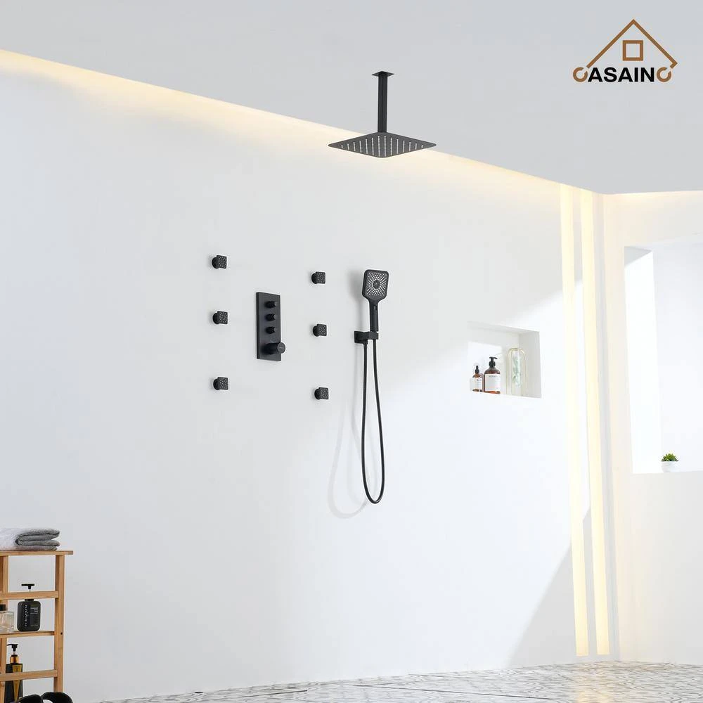 3-Spray 1.8 GPM 12 In. Ceiling Mounted Dual Square Handheld Shower Set In Matte Black 5 3-Spray 1.8 GPM 12 In. Ceiling Mounted Dual Square Handheld Shower Set In Matte Black - Image 5