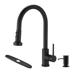 Single Handle Deck Mount Gooseneck Pull Down Sprayer Kitchen Faucet With Deckplate And Soap Dispenser In Matte Black