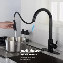 Single Handle Wall Mount Gooseneck Pull Down Sprayer Kitchen Faucet With Deckplate Included And Handles In Matte Black -FURITURE SALE SHOP matte black tahanbath pull down kitchen faucets w928 th9001mb zq 1f 1000