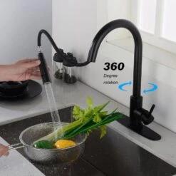 Single Handle Wall Mount Gooseneck Pull Down Sprayer Kitchen Faucet With Deckplate Included And Handles In Matte Black -FURITURE SALE SHOP matte black tahanbath pull down kitchen faucets w928 th9001mb zq 4f 1000