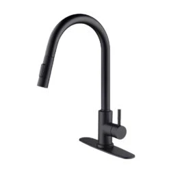 Single Handle Wall Mount Gooseneck Pull Down Sprayer Kitchen Faucet With Deckplate Included And Handles In Matte Black