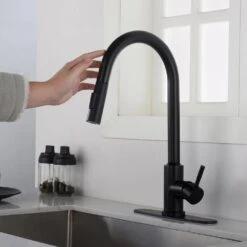 Single Handle Wall Mount Gooseneck Pull Down Sprayer Kitchen Faucet With Deckplate Included And Handles In Matte Black -FURITURE SALE SHOP matte black tahanbath pull down kitchen faucets w928 th9001mb zq 76 1000