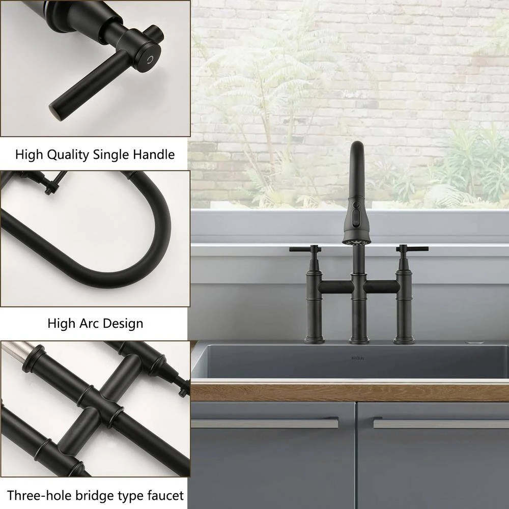 Double Handle Pull Down Sprayer Kitchen Faucet With Pull-Down Spray Head In Matte Black 4 Double Handle Pull Down Sprayer Kitchen Faucet With Pull-Down Spray Head In Matte Black - Image 4