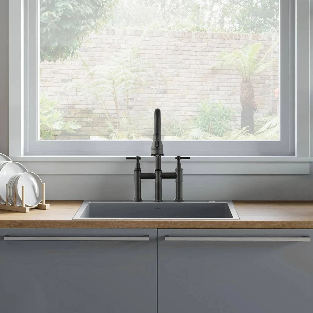 Double Handle Pull Down Sprayer Kitchen Faucet With Pull-Down Spray Head In Matte Black 8 Double Handle Pull Down Sprayer Kitchen Faucet With Pull-Down Spray Head In Matte Black - Image 8