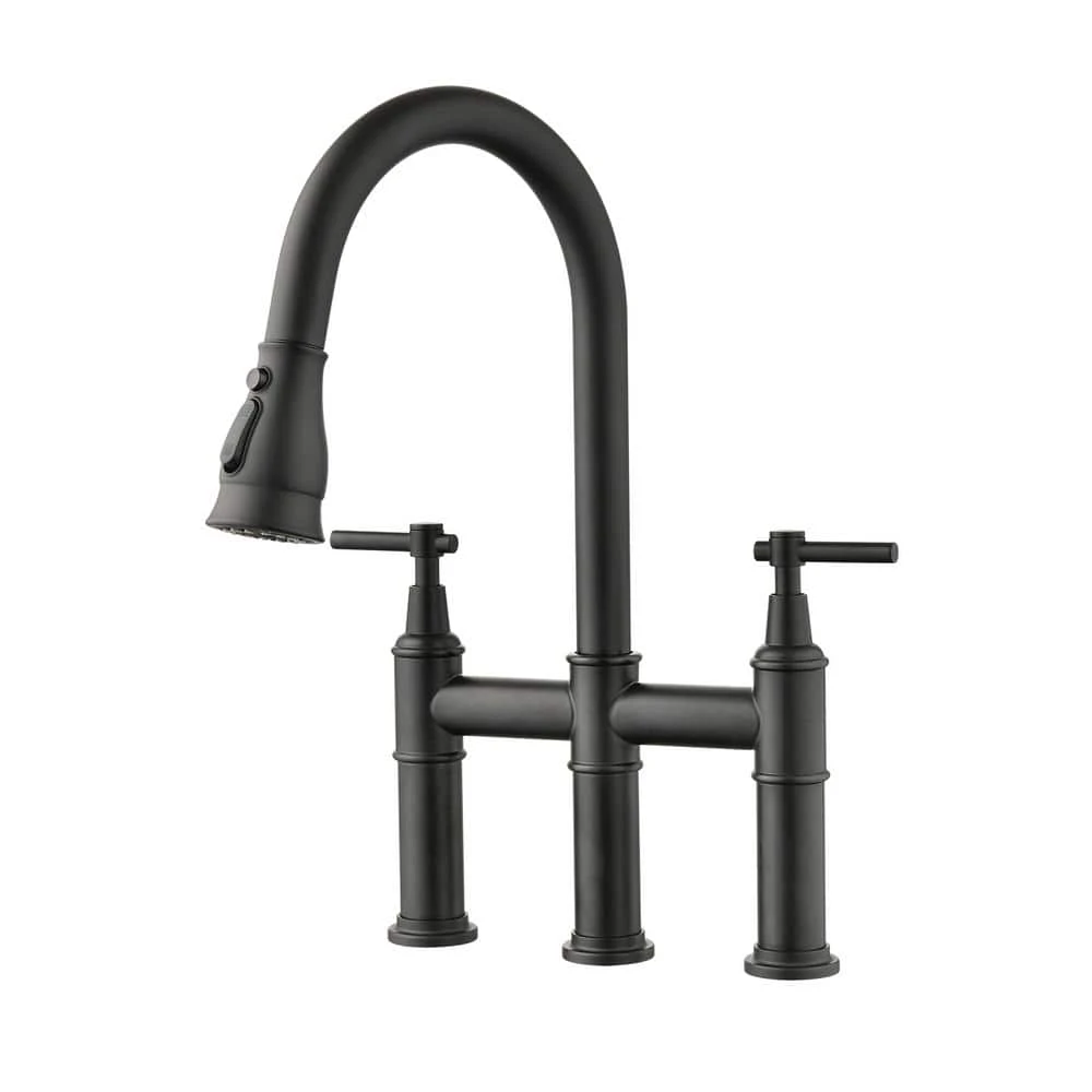 Double Handle Pull Down Sprayer Kitchen Faucet With Pull-Down Spray Head In Matte Black 1 Double Handle Pull Down Sprayer Kitchen Faucet With Pull-Down Spray Head In Matte Black