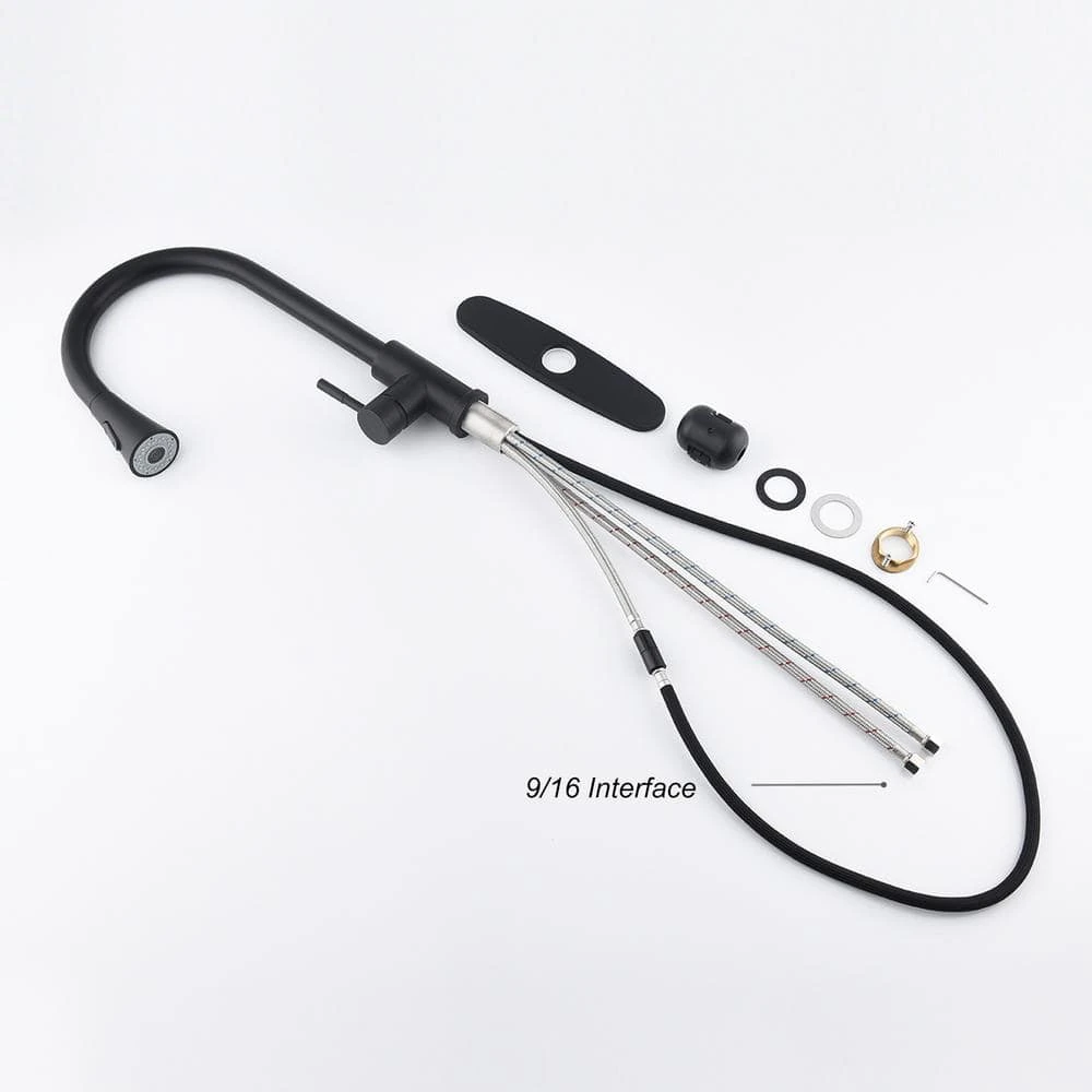 Single Handle Deck Mount Gooseneck Pull Out Sprayer Kitchen Faucet With Deck Plate And Pull-Down Sprayer In Matte Black 6 Single Handle Deck Mount Gooseneck Pull Out Sprayer Kitchen Faucet With Deck Plate And Pull-Down Sprayer In Matte Black - Image 6