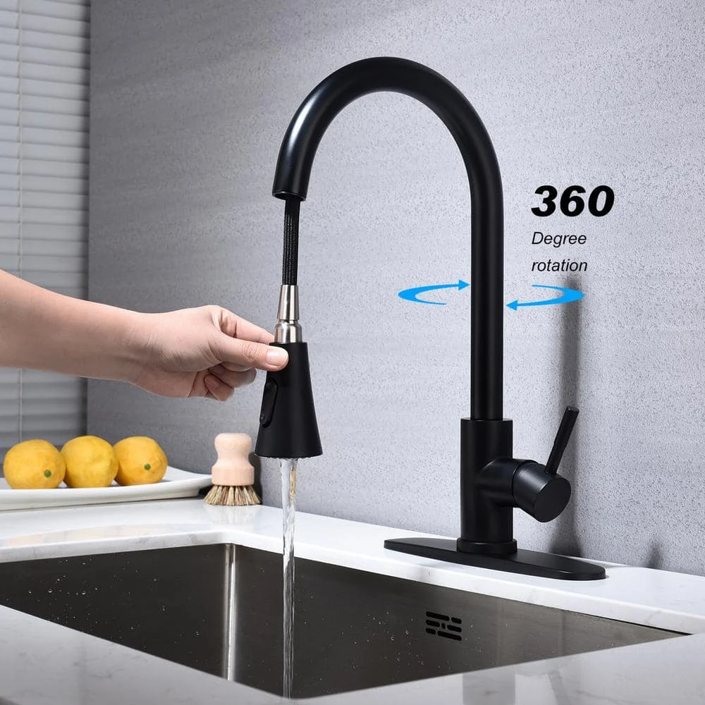Single Handle Deck Mount Gooseneck Pull Out Sprayer Kitchen Faucet With Deck Plate And Pull-Down Sprayer In Matte Black 4 Single Handle Deck Mount Gooseneck Pull Out Sprayer Kitchen Faucet With Deck Plate And Pull-Down Sprayer In Matte Black - Image 4