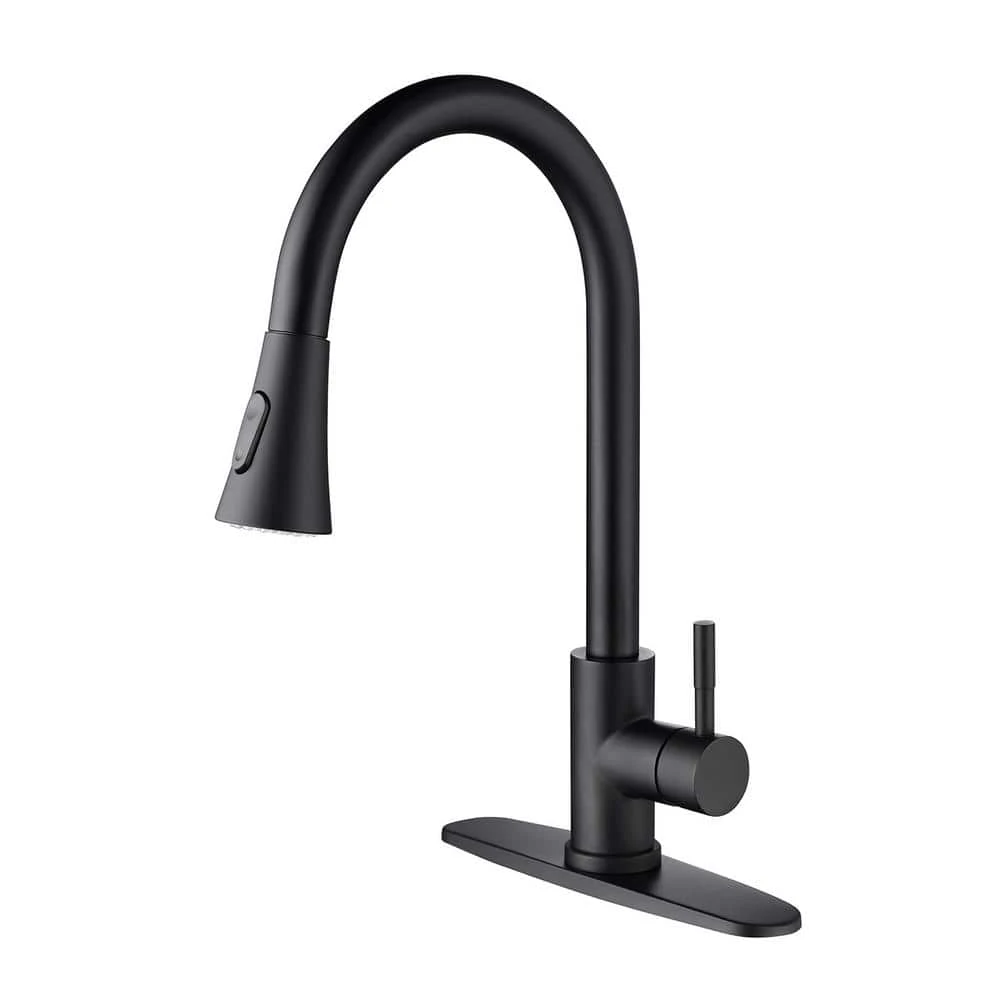 Single Handle Deck Mount Gooseneck Pull Out Sprayer Kitchen Faucet With Deck Plate And Pull-Down Sprayer In Matte Black 1 Single Handle Deck Mount Gooseneck Pull Out Sprayer Kitchen Faucet With Deck Plate And Pull-Down Sprayer In Matte Black