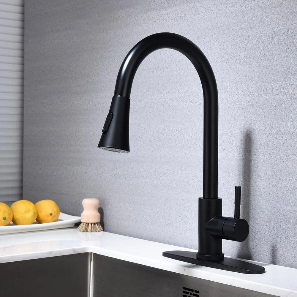 Single Handle Deck Mount Gooseneck Pull Out Sprayer Kitchen Faucet With Deck Plate And Pull-Down Sprayer In Matte Black 2 Single Handle Deck Mount Gooseneck Pull Out Sprayer Kitchen Faucet With Deck Plate And Pull-Down Sprayer In Matte Black - Image 2