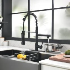 Single Handle Pull Out Kitchen Faucet Deckplate Included With Copper Pump Soap Dispenser In Matte Black -FURITURE SALE SHOP matte black tahanbath pull out kitchen faucets zst1314b 1f 1000