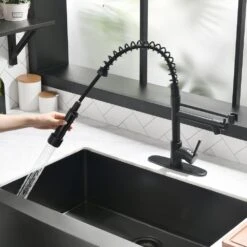 Single Handle Pull Out Kitchen Faucet Deckplate Included With Copper Pump Soap Dispenser In Matte Black -FURITURE SALE SHOP matte black tahanbath pull out kitchen faucets zst1314b 31 1000