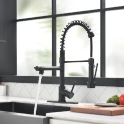 Single Handle Pull Out Kitchen Faucet Deckplate Included With Copper Pump Soap Dispenser In Matte Black -FURITURE SALE SHOP matte black tahanbath pull out kitchen faucets zst1314b 44 1000