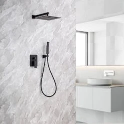 Single-Handle Rainfall 10 In. Square Shower Head Combo Set With High Pressure Wall Mounted In Matte Black 17 Single-Handle Rainfall 10 In. Square Shower Head Combo Set With High Pressure Wall Mounted In Matte Black -FURITURE SALE SHOP matte black tahanbath shower faucets w1194 d93102h kxc 31 1000