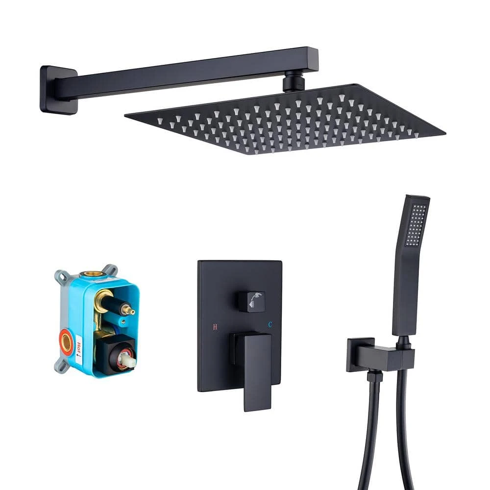Single-Handle Rainfall 10 In. Square Shower Head Combo Set With High Pressure Wall Mounted In Matte Black 1 Single-Handle Rainfall 10 In. Square Shower Head Combo Set With High Pressure Wall Mounted In Matte Black
