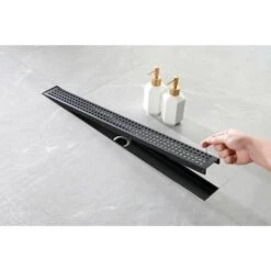 28 Inches Linear Shower Drain With Removable Quadrato Pattern Grate, Hair Strainer And Leveling Feet In Matte Black -FURITURE SALE SHOP matte black tahanbath sink strainers y w928102715 31 1000
