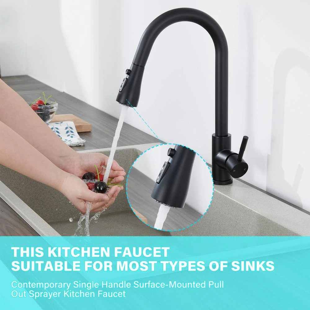 Single Handle Surface-Mounted Pull Out Sprayer Kitchen Faucet Standard Kitchen Faucet In Matte Black 6 Single Handle Surface-Mounted Pull Out Sprayer Kitchen Faucet Standard Kitchen Faucet In Matte Black - Image 6