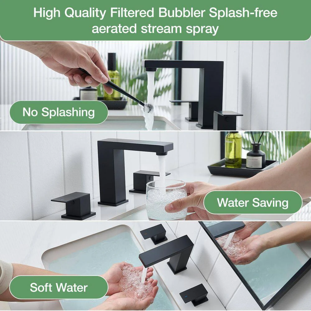 8 In. Widespread Waterfall 2-Handles 3-Holes Bathroom Faucet Lavatory Vanity Sink Faucet In Matte Black 4 8 In. Widespread Waterfall 2-Handles 3-Holes Bathroom Faucet Lavatory Vanity Sink Faucet In Matte Black - Image 4