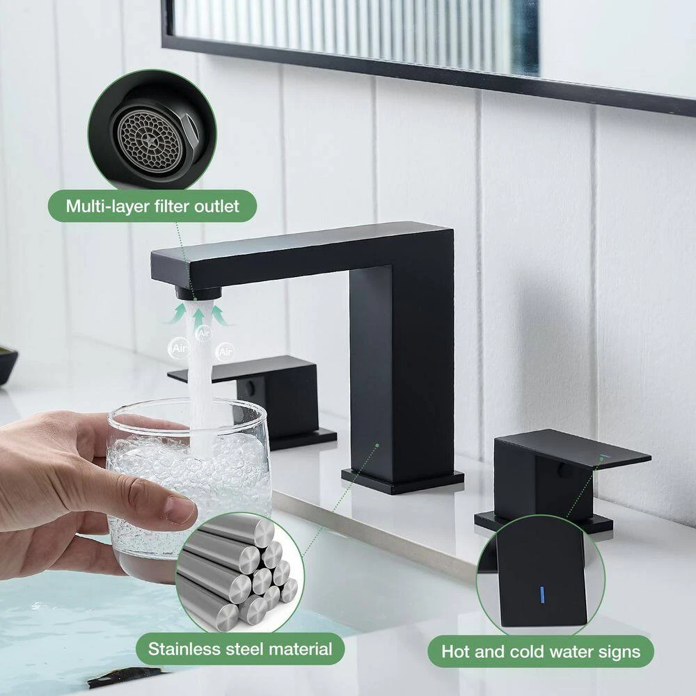 8 In. Widespread Waterfall 2-Handles 3-Holes Bathroom Faucet Lavatory Vanity Sink Faucet In Matte Black 7 8 In. Widespread Waterfall 2-Handles 3-Holes Bathroom Faucet Lavatory Vanity Sink Faucet In Matte Black - Image 7