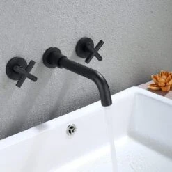 Double Handle Bathroom Faucet Wall Mounted Bathroom Sink Faucet In Matte Black -FURITURE SALE SHOP matte black tahanbath wall mounted faucets y w2287 p185559 31 1000