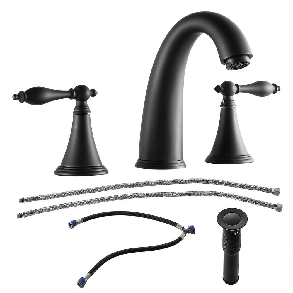 2 Handle Widespread Bathroom Faucet 3 Hole, With Pop Up Drain And 2 Water Supply Lines, Matte Black 1 2 Handle Widespread Bathroom Faucet 3 Hole, With Pop Up Drain And 2 Water Supply Lines, Matte Black