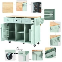 Mint Green Kitchen Cart With Rubber Wood Drop-Leaf Countertop, 3 Drawers, Cabinet Storage And 5 Wheels -FURITURE SALE SHOP mint green tahanbath kitchen carts z wf298028aae 1d 1000