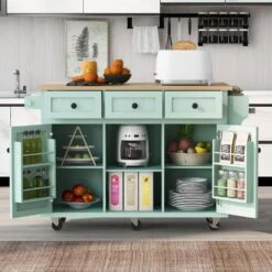 Mint Green Kitchen Cart With Rubber Wood Drop-Leaf Countertop, 3 Drawers, Cabinet Storage And 5 Wheels -FURITURE SALE SHOP mint green tahanbath kitchen carts z wf298028aae 31 1000