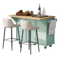 Mint Green Kitchen Cart With Rubber Wood Drop-Leaf Countertop, 3 Drawers, Cabinet Storage And 5 Wheels -FURITURE SALE SHOP mint green tahanbath kitchen carts z wf298028aae 40 1000
