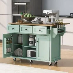 Mint Green Kitchen Cart With Rubber Wood Drop-Leaf Countertop, 3 Drawers, Cabinet Storage And 5 Wheels -FURITURE SALE SHOP mint green tahanbath kitchen carts z wf298028aae 66 1000